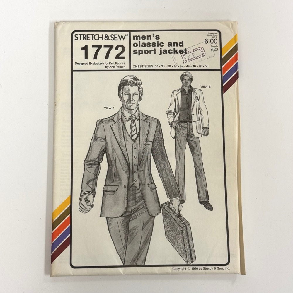 Vintage 1980 Stretch & Sew 1772 Mens Classic and Sport Jacket Pattern UNCUT